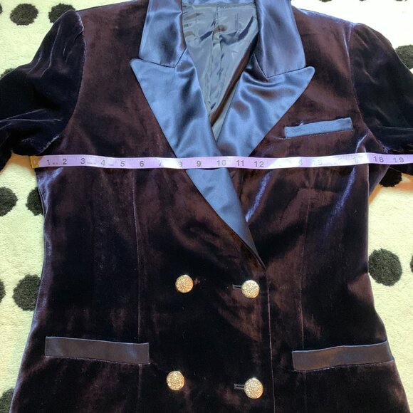 Vintage 90s Tuxedo 2 Pc Suit Set Navy Velvet Blazer Jacket Satin High Rise Pants - Picture 9 of 15